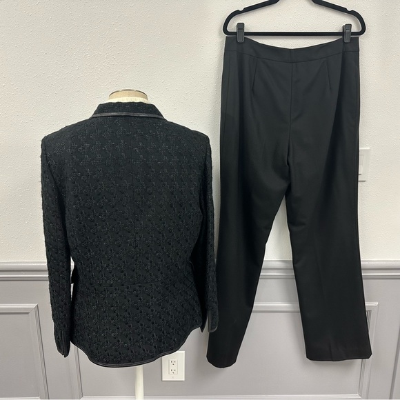 Albert Nipon Textured Black Blazer & Pant Suit Set With Leather Trim - Picture 6 of 16